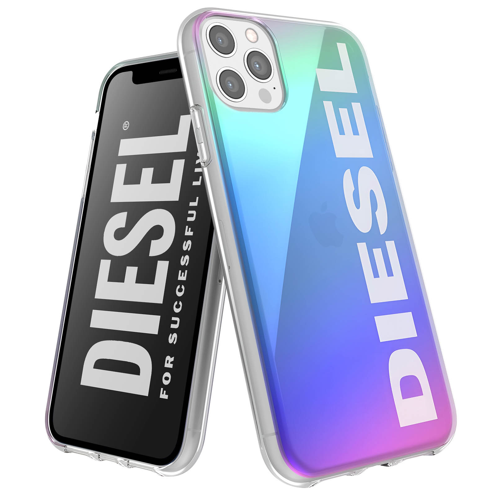 Due telefoni con custodie Diesel; logo Diesel su uno, sfumatura di colore sull'altro. Sfondo bianco.