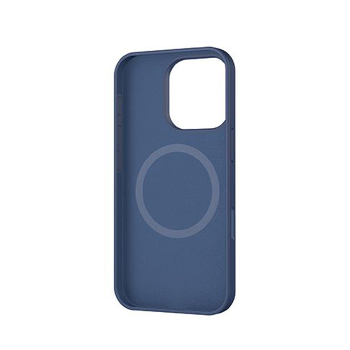 Custodia blu per iPhone. La custodia ha un'area circolare per MagSafe e una finitura opaca.
