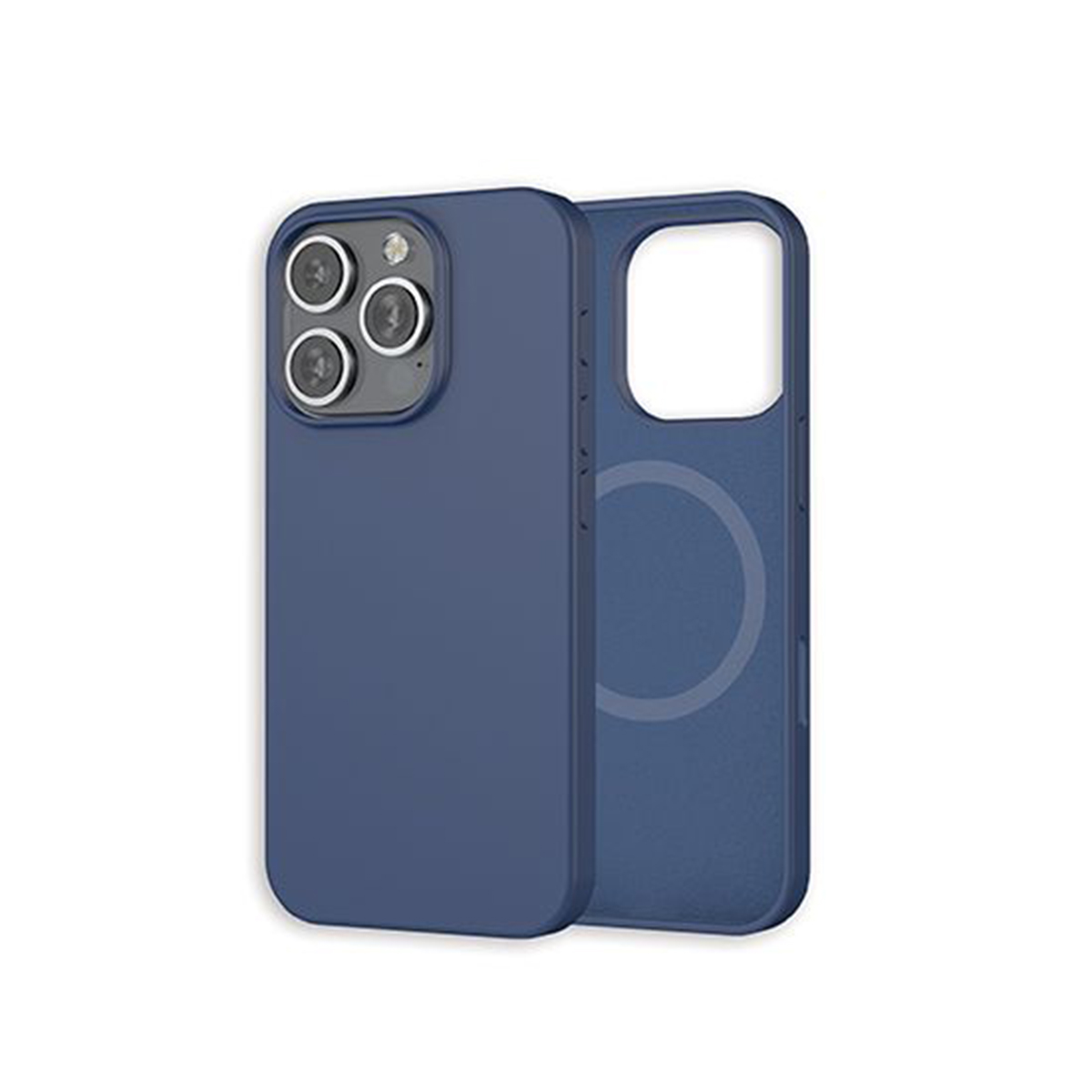 Custodia per telefono blu navy accanto a una custodia vuota. Entrambe le custodie sono per un telefono.