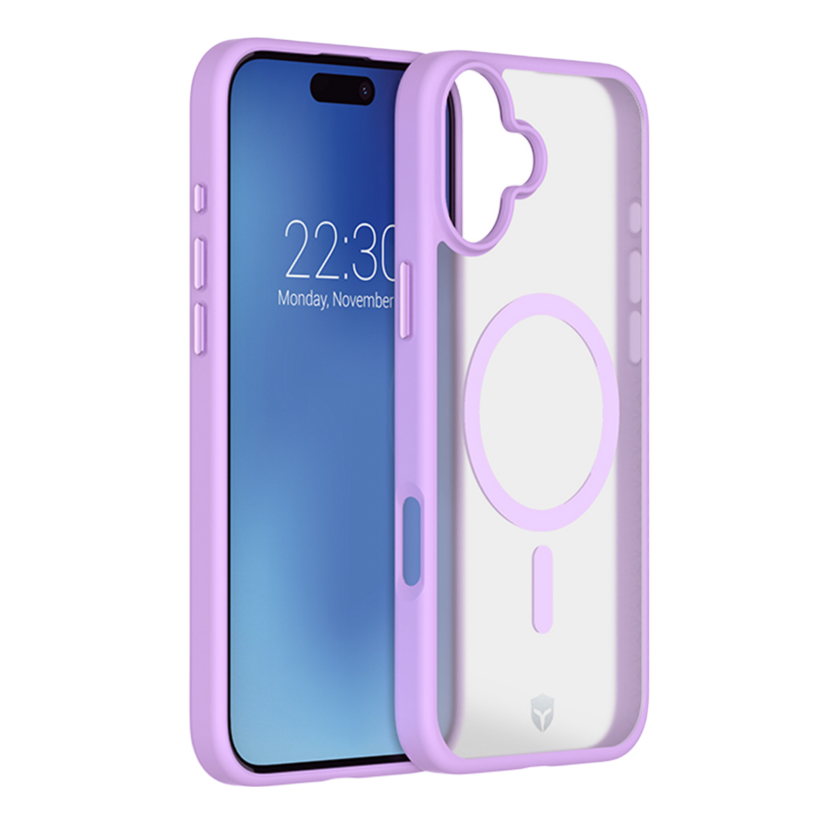 Teléfono morado con funda transparente. Muestra hora y fecha. La funda tiene un círculo blanco.