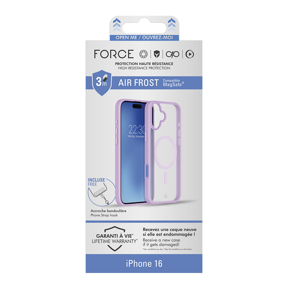 Embalaje de funda Air Frost con un iPhone 16 dentro y una correa.