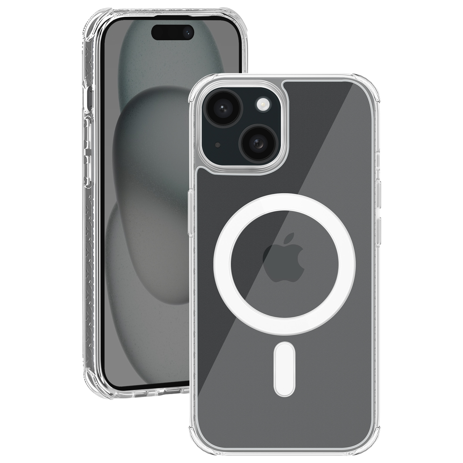 Transparante telefoonhoes met magnetische ring. Telefoon en hoes zijn transparant, toont MagSafe-ring.