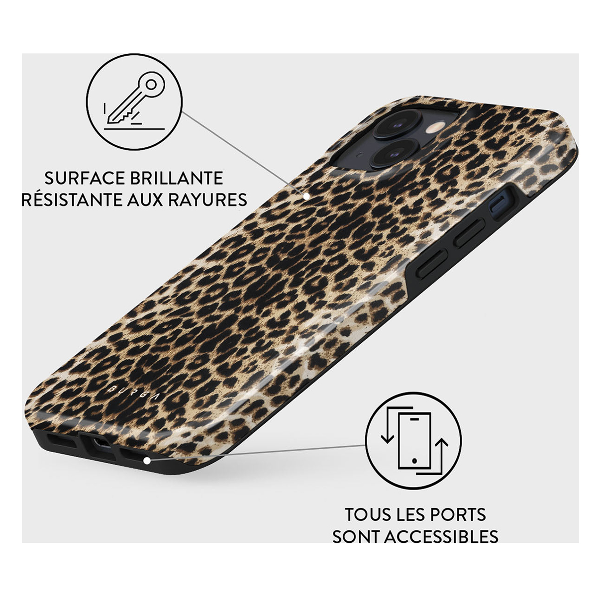 Telefoonhoesje met luipaardprint en tekst. De telefoon ligt op een witte achtergrond.