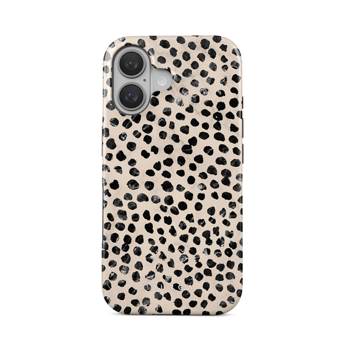 Funda de teléfono con patrón de puntos negros. La funda tiene un teléfono visible en su interior.