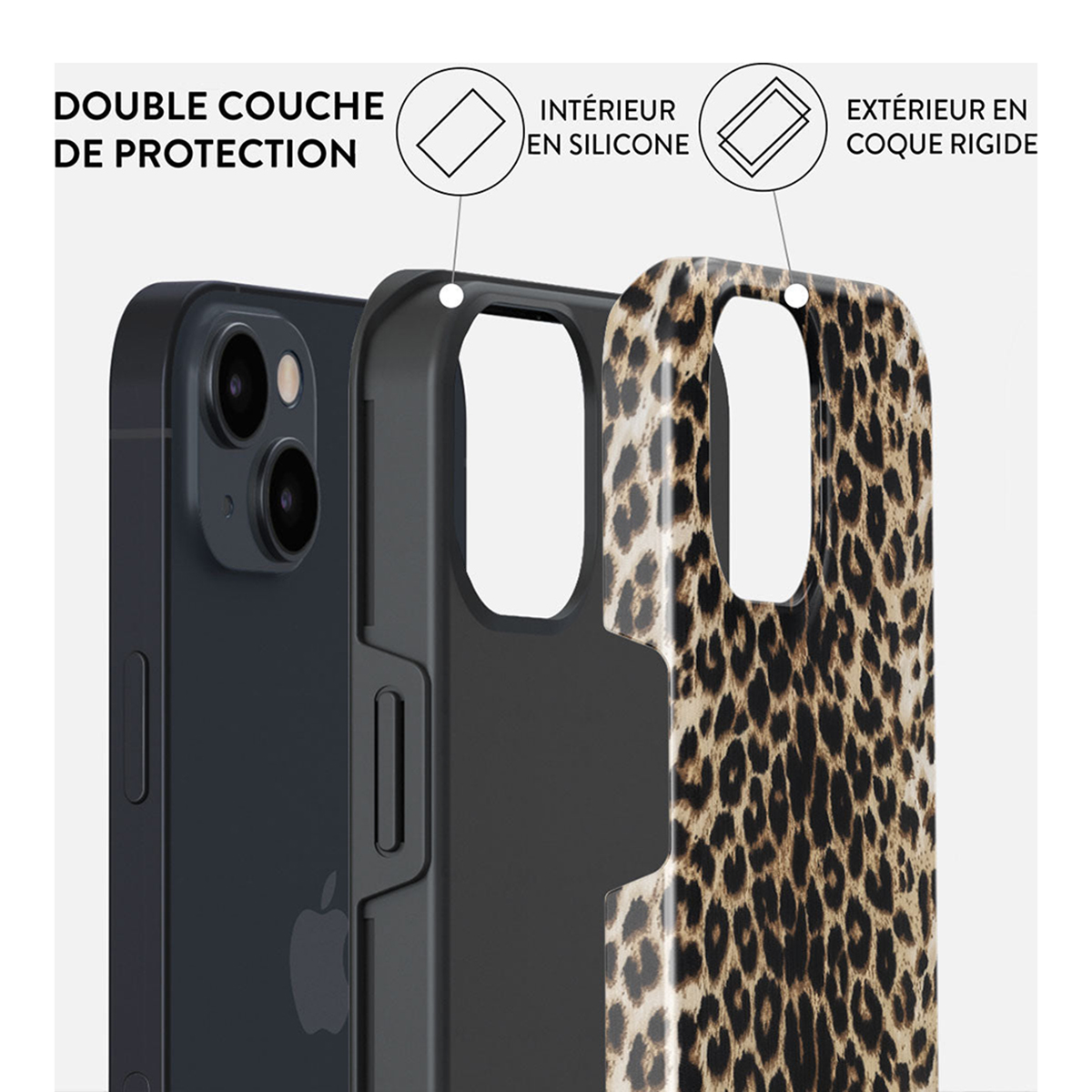 Telefoonhoeslagen: Zwart binnen, grijs midden, luipaardprint buiten, met teksten.