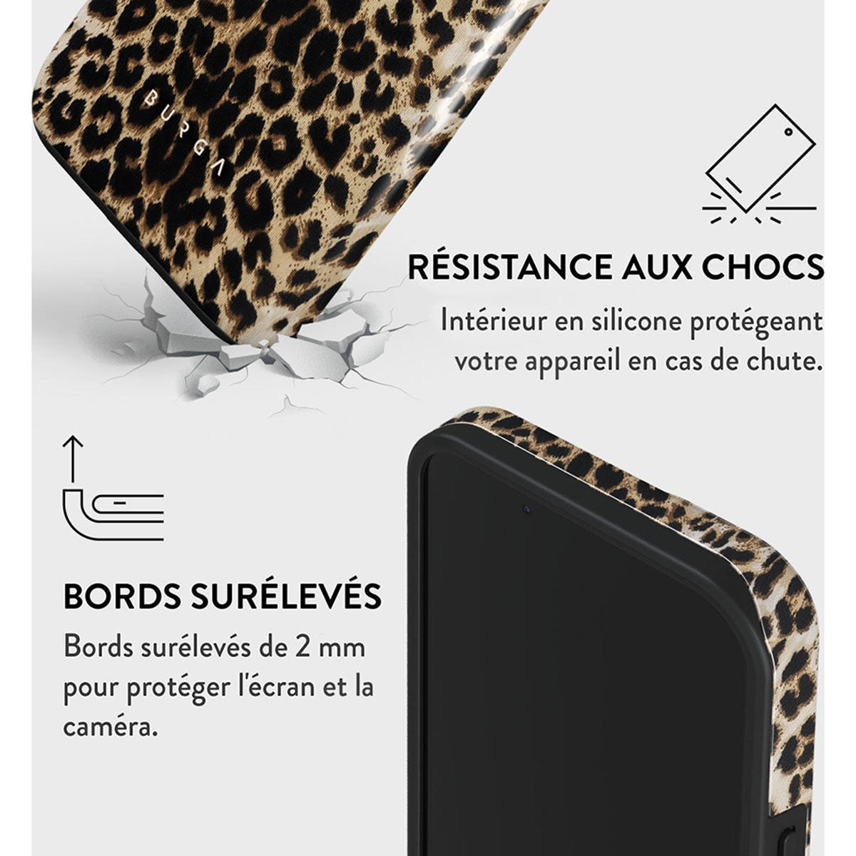 Telefoonhoesje met een luipaardprintpatroon. Het heeft tekst en diagrammen.