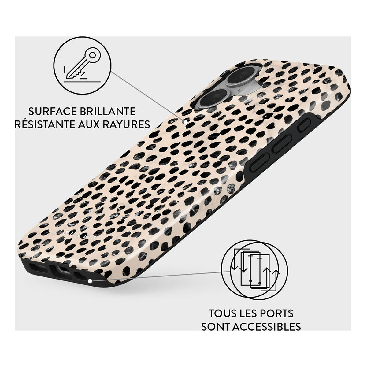 Funda para teléfono con diseño de estampado animal en blanco y negro. Texto: Superficie brillante, resistente a arañazos, todos los puertos accesibles.