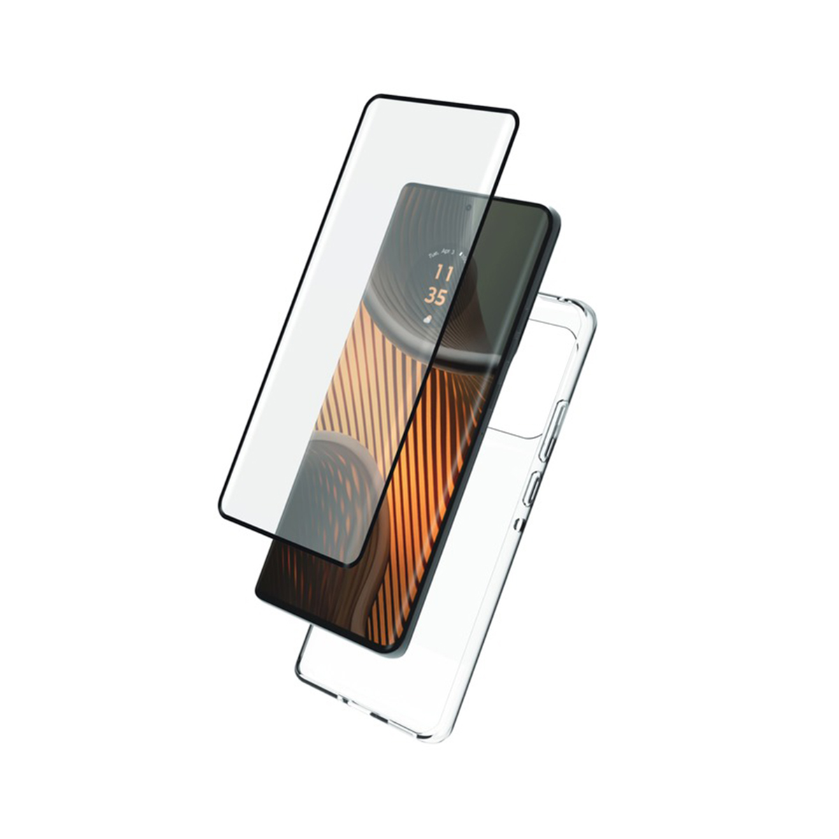 Telefono e custodia, protezione schermo, custodia trasparente, su sfondo bianco. Il telefono è nella custodia.
