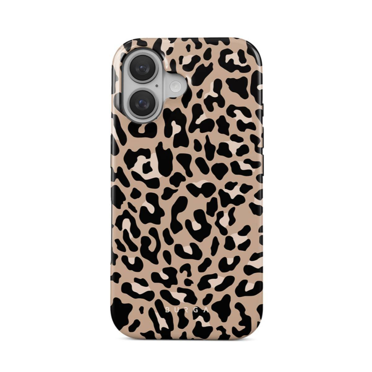 Custodia per telefono con un motivo leopardato nei colori nero e beige.