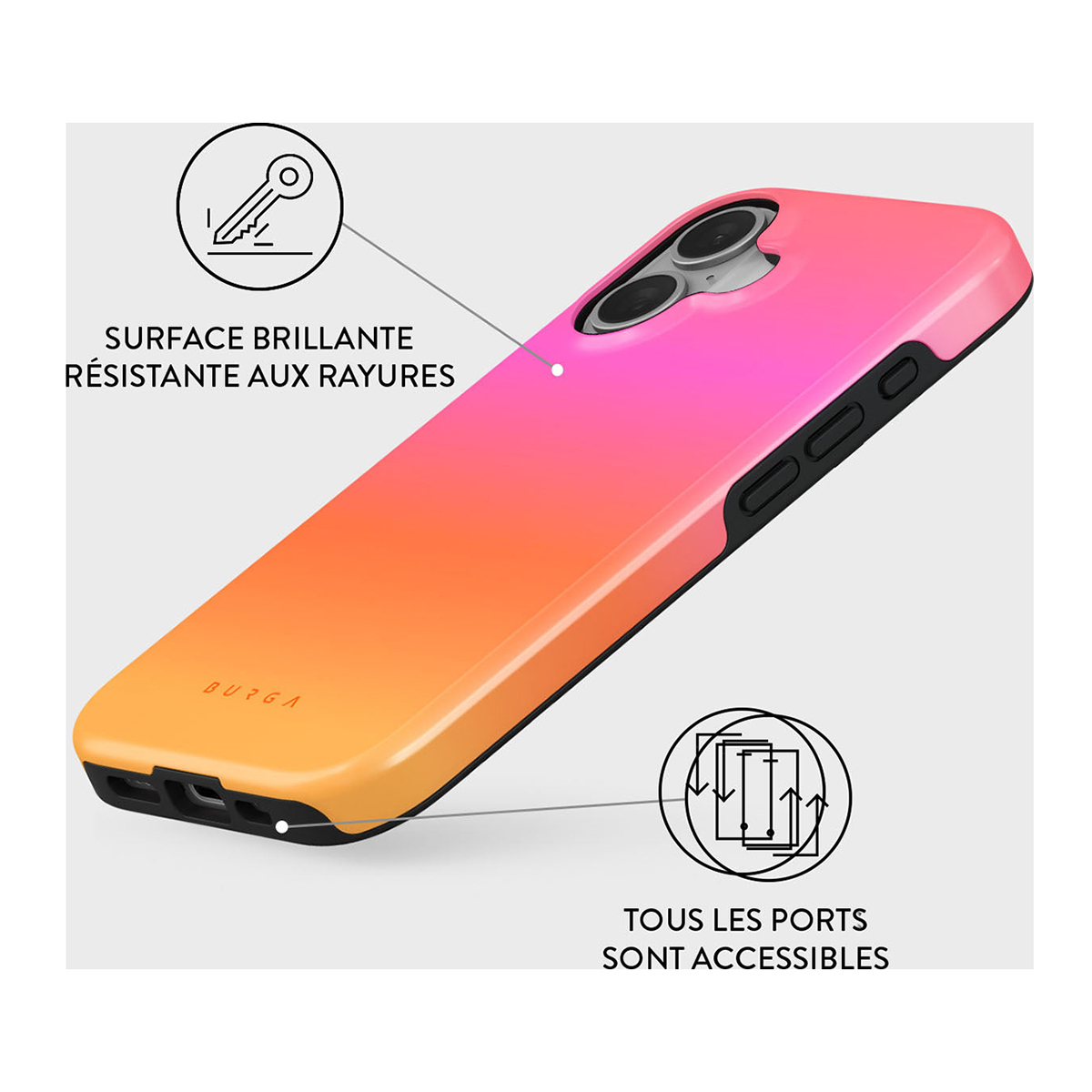 Coque de téléphone dégradée, orange à rose, avec un cadre noir et un schéma d'accessibilité des ports.