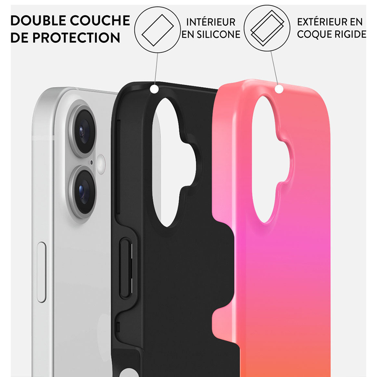 Couches de coque de téléphone : un téléphone, une couche noire et une couche rose. Le texte étiquette les couches.