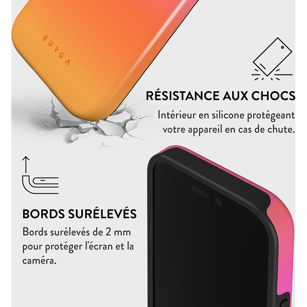 Une coque de téléphone avec un dégradé jaune à orange. Le texte mentionne la résistance aux chocs et les bords relevés.