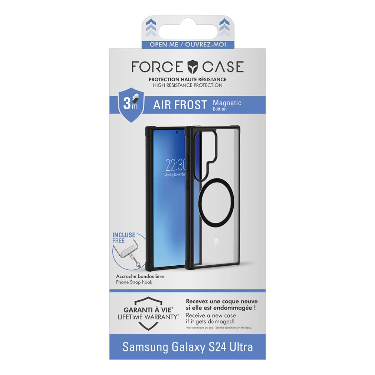 Scatola della custodia del telefono con un telefono. Il testo dice Force Case, Air Frost, Samsung Galaxy S24 Ultra.