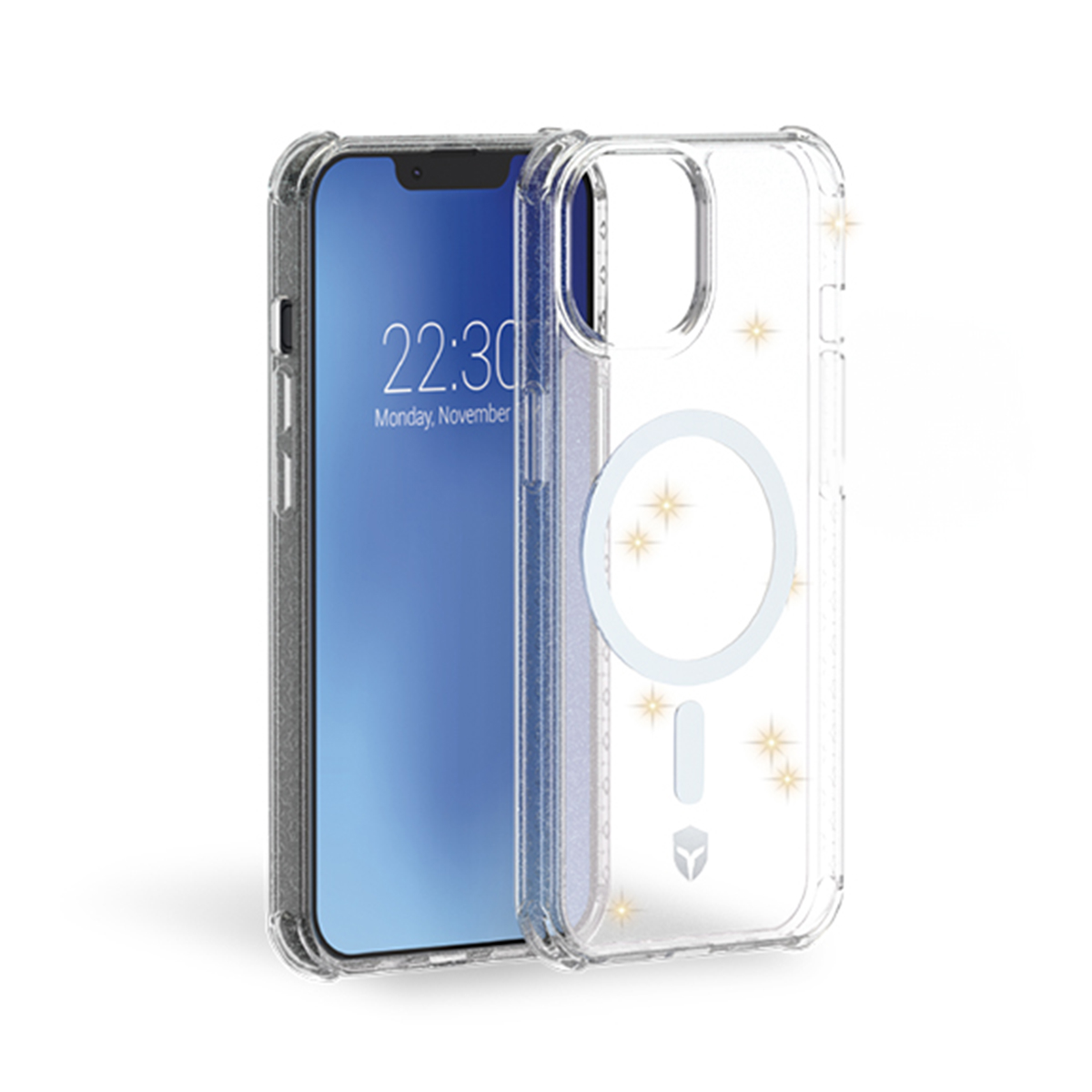 Custodia trasparente con telefono che mostra le 22:30 e cerchio bianco con brillantini.