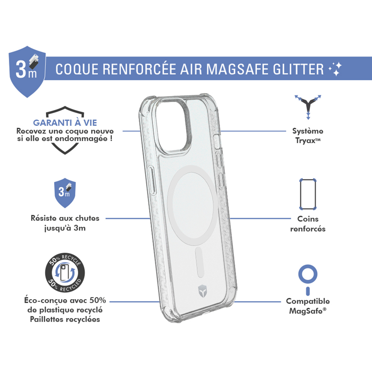 Custodia trasparente per telefono con glitter e anello MagSafe. Testo: Custodia rinforzata, Air MagSafe Glitter. Resistente alle cadute.
