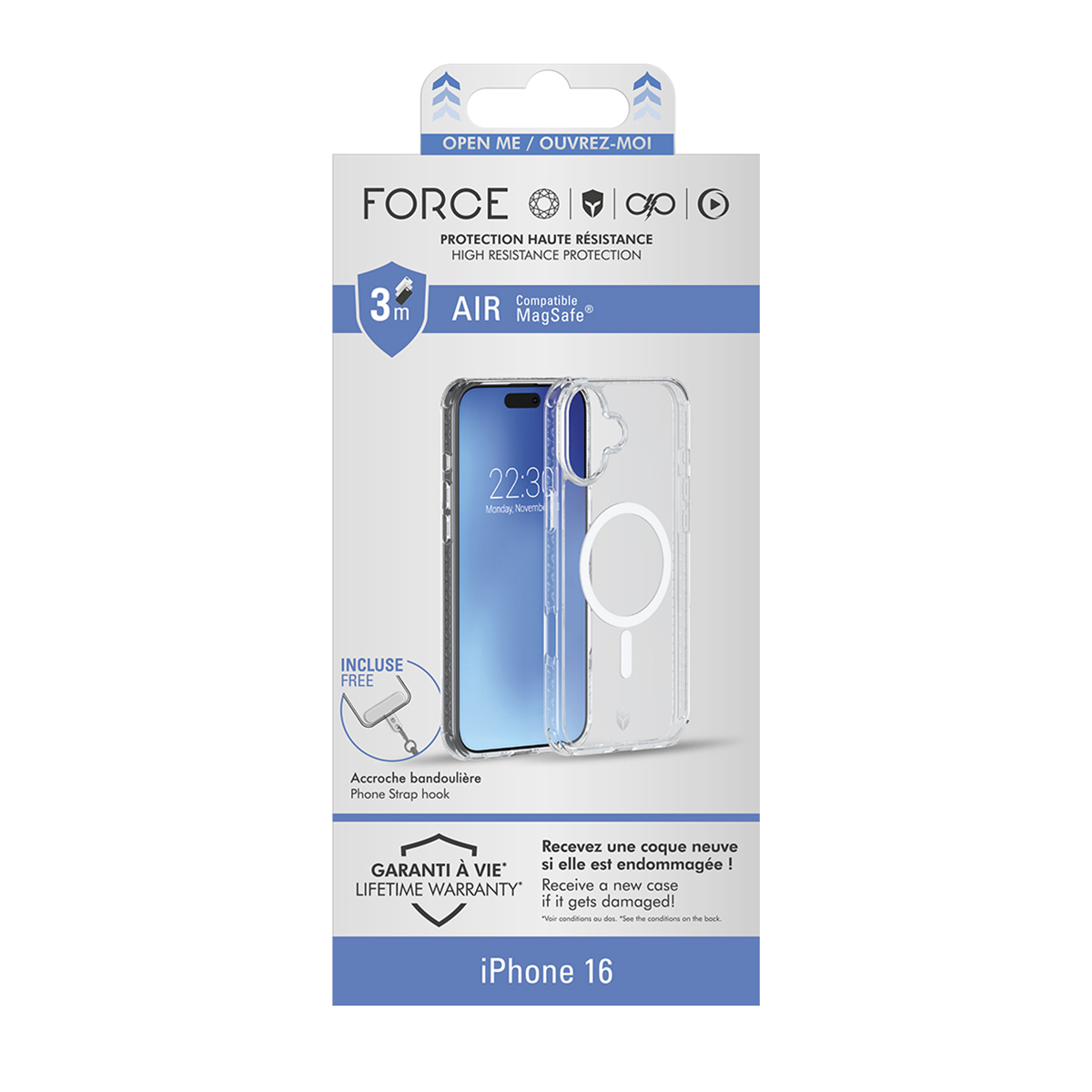 Confezione custodia, custodia trasparente, immagine telefono, testo: Force, Air, Lifetime Warranty, iPhone 16.