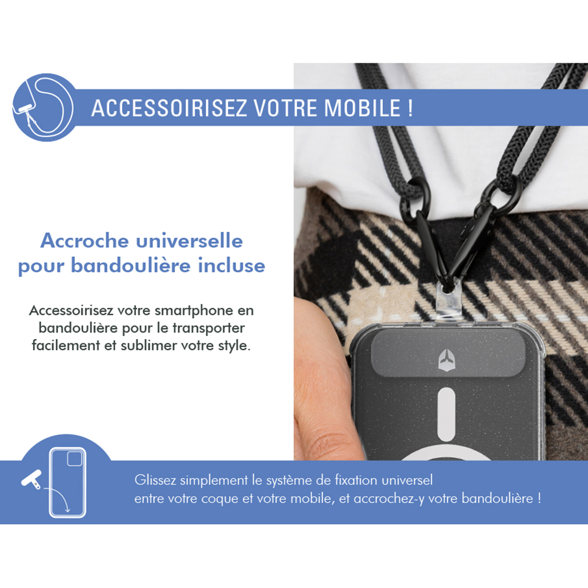 Annuncio con testo sugli accessori. Una custodia con cordino. Il testo dice: Accessoria il tuo cellulare.