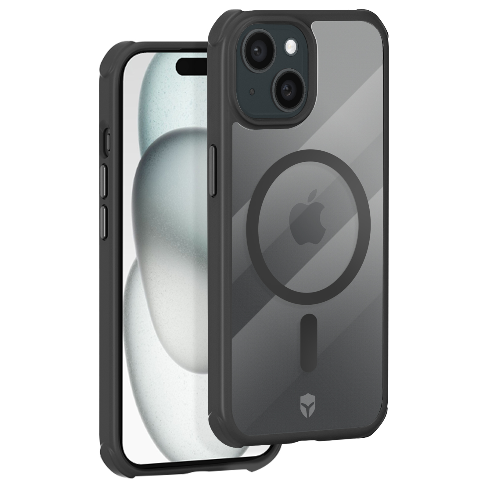 Zwart telefoonhoesje en iPhone. Hoesje heeft transparante achterkant, Apple logo zichtbaar.