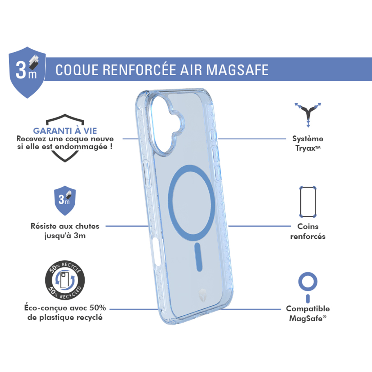 Custodia trasparente per telefono con testo e diagrammi. Dice 'COQUE RENFORCEE AIR MAGSAFE' e mostra le caratteristiche.