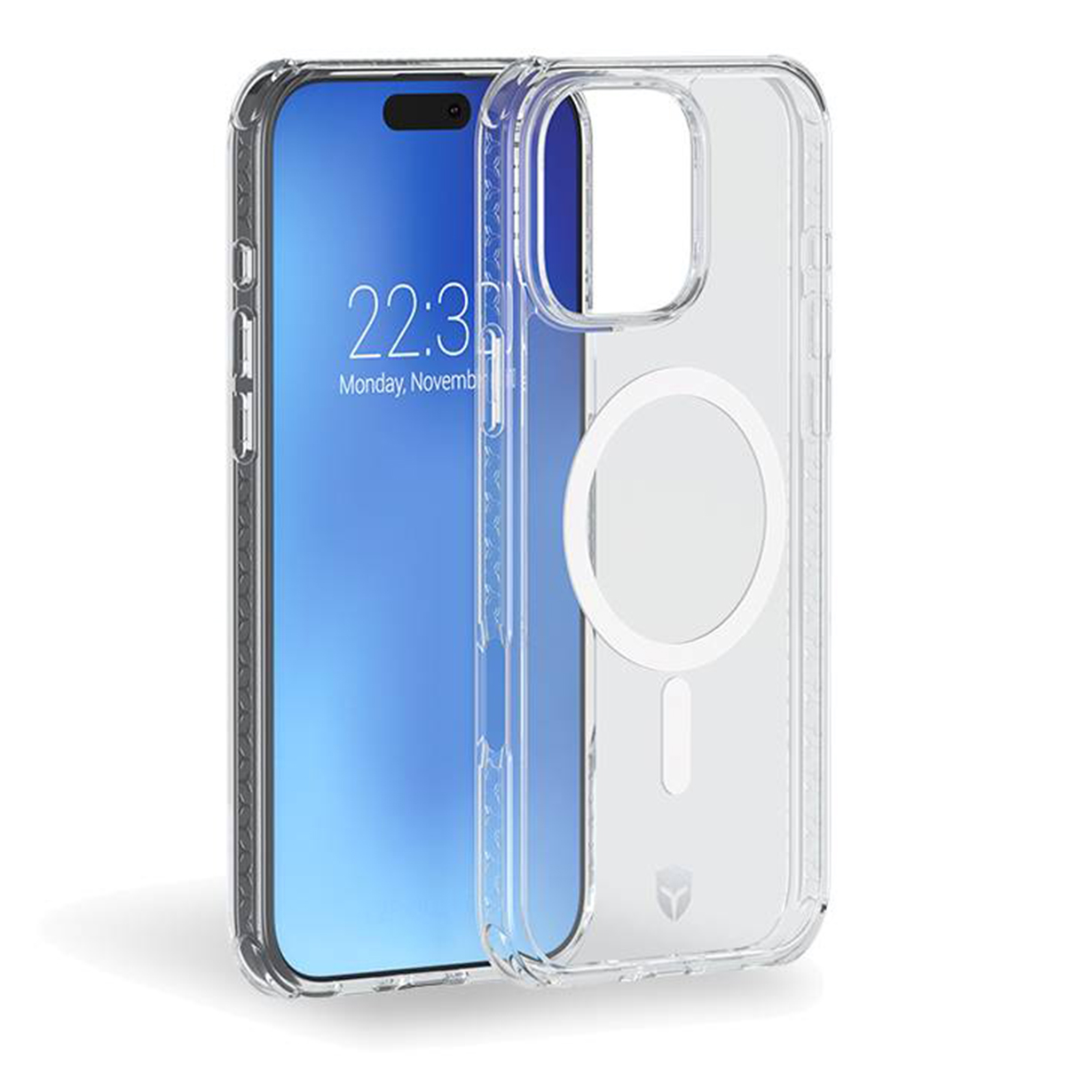 Custodia trasparente per telefono su un iPhone. La custodia mostra l'ora e la data sullo schermo.