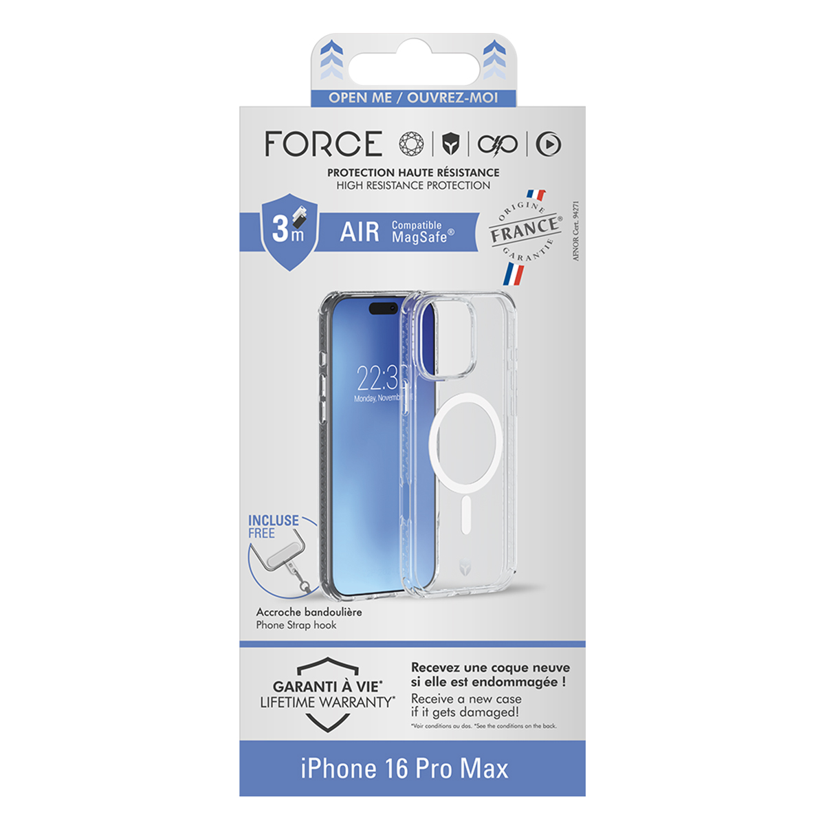 Una custodia trasparente per iPhone 16 Pro Max in confezione, con compatibilità MagSafe e gancio per cinturino.