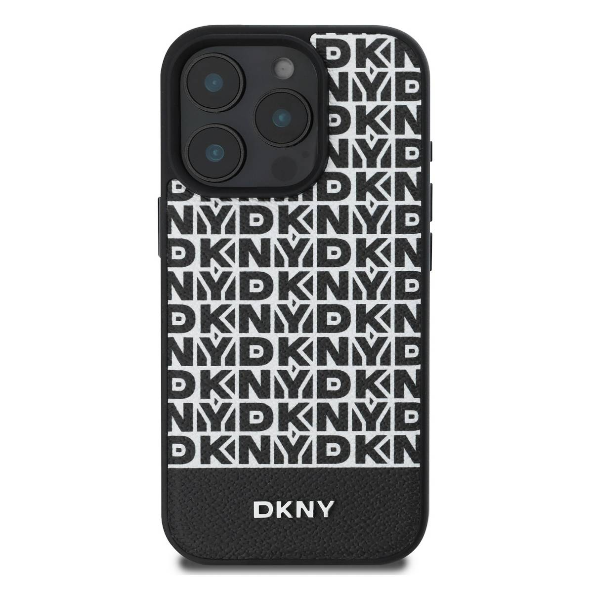 Custodia nera con un motivo del logo DKNY in bianco e il logo DKNY in basso.