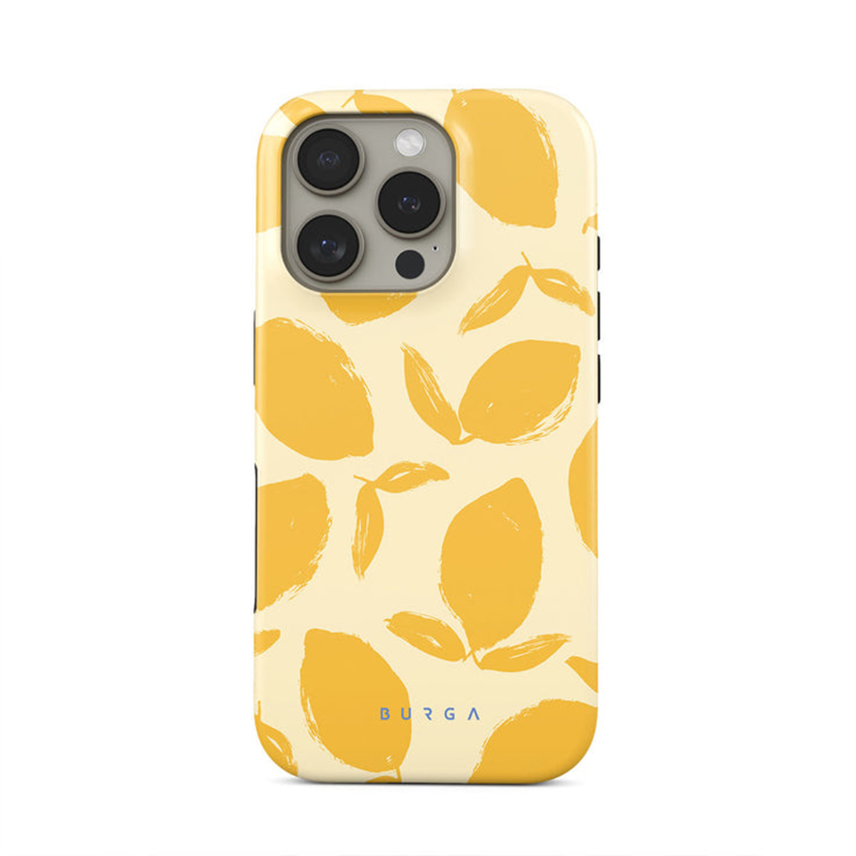 Coque de téléphone avec un motif de citrons jaunes sur fond crème. Fond blanc.