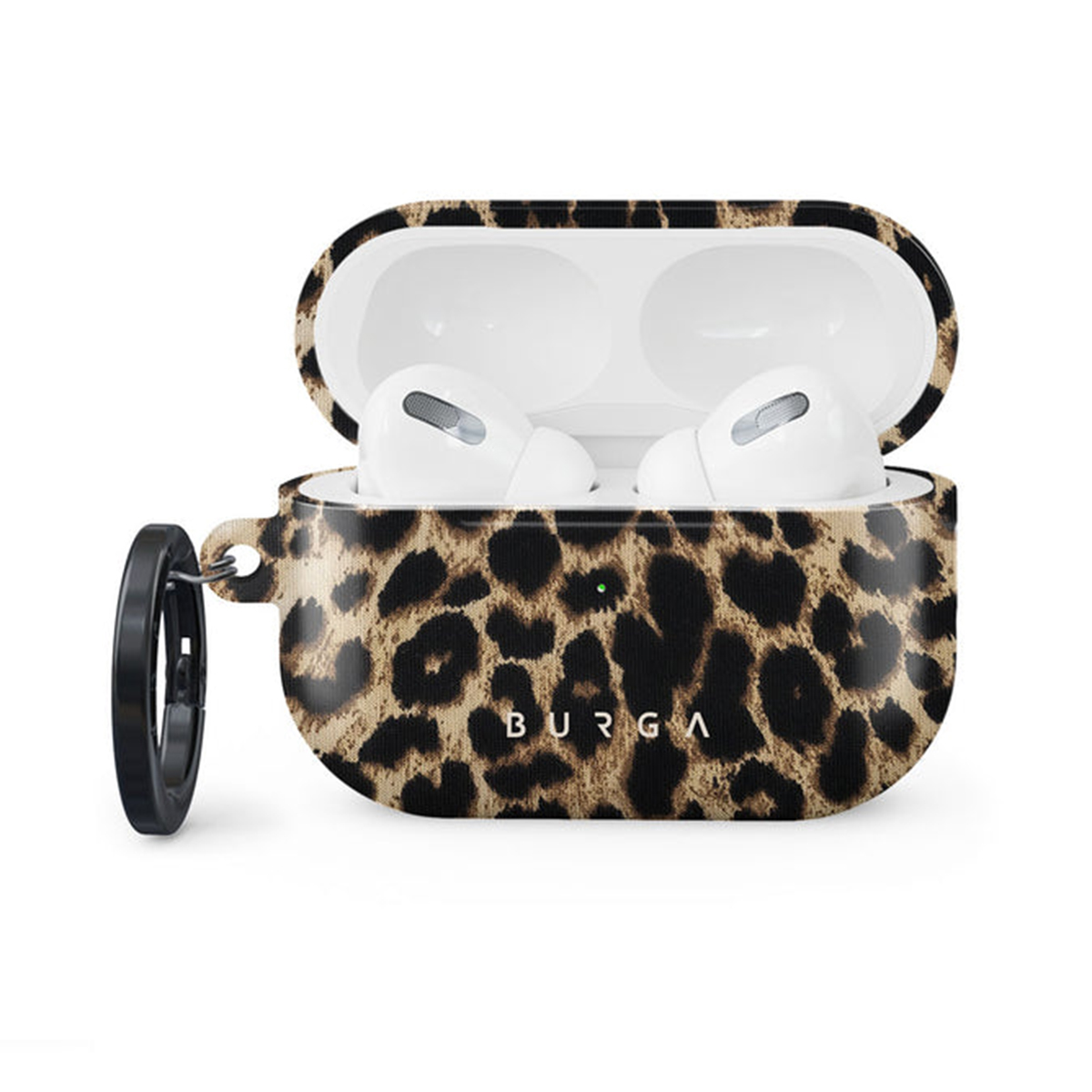 AirPods-hoesje met luipaardprint, open, witte oortelefoons binnenin.