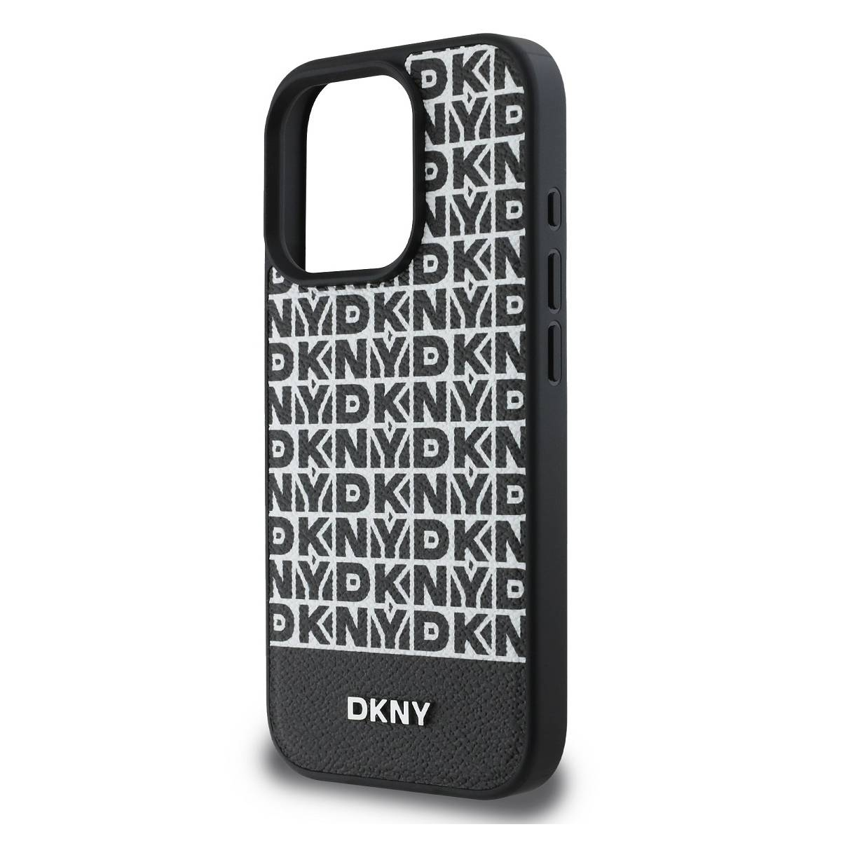 Custodia nera con motivo logo DKNY bianco. Sezione inferiore strutturata. Logo DKNY in basso.