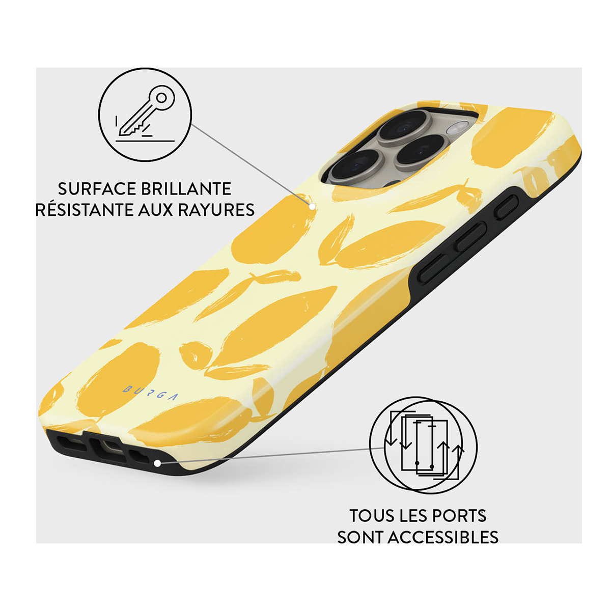 Une coque de téléphone avec un motif de feuilles jaunes. Le texte dit 'Surface Brillante Résistante aux Rayures'.