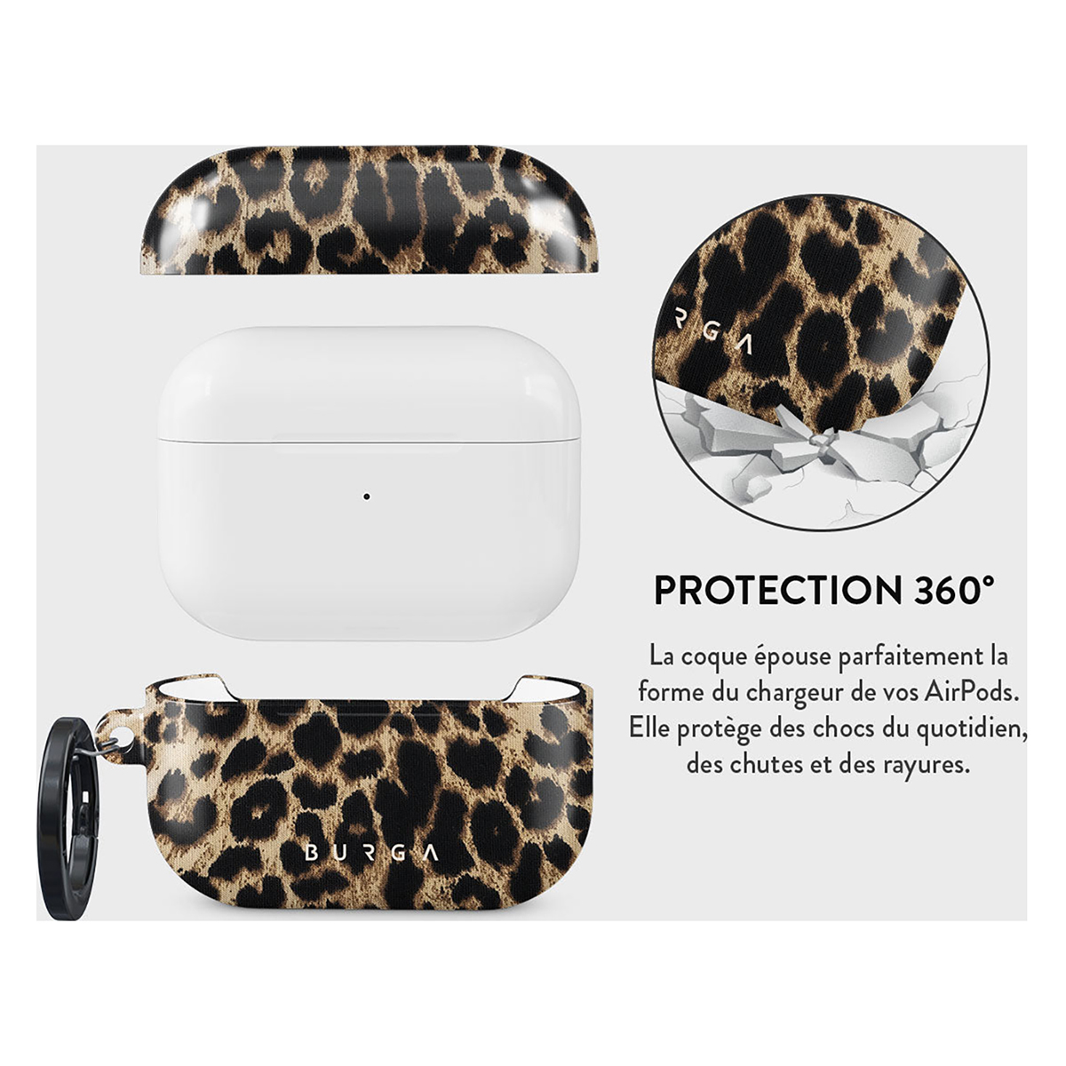 AirPods-hoesje met luipaardprint. De hoes is open met de AirPods erin en een gebroken oppervlak erachter.