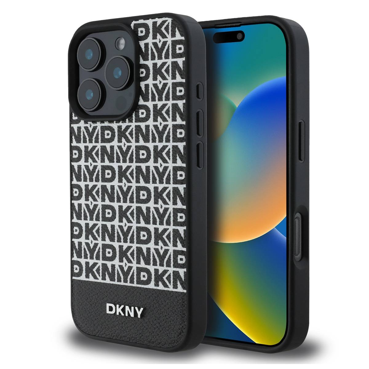 Telefono in una custodia DKNY, nera con logo bianco.