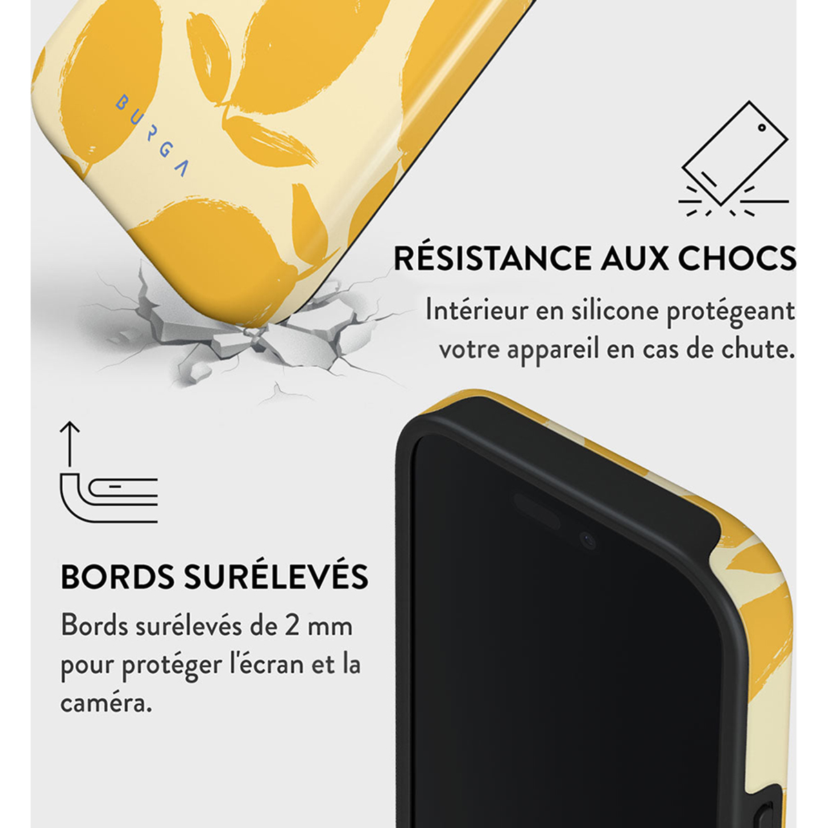 Coque de téléphone avec un motif floral jaune. Texte sur la résistance aux chocs présent.