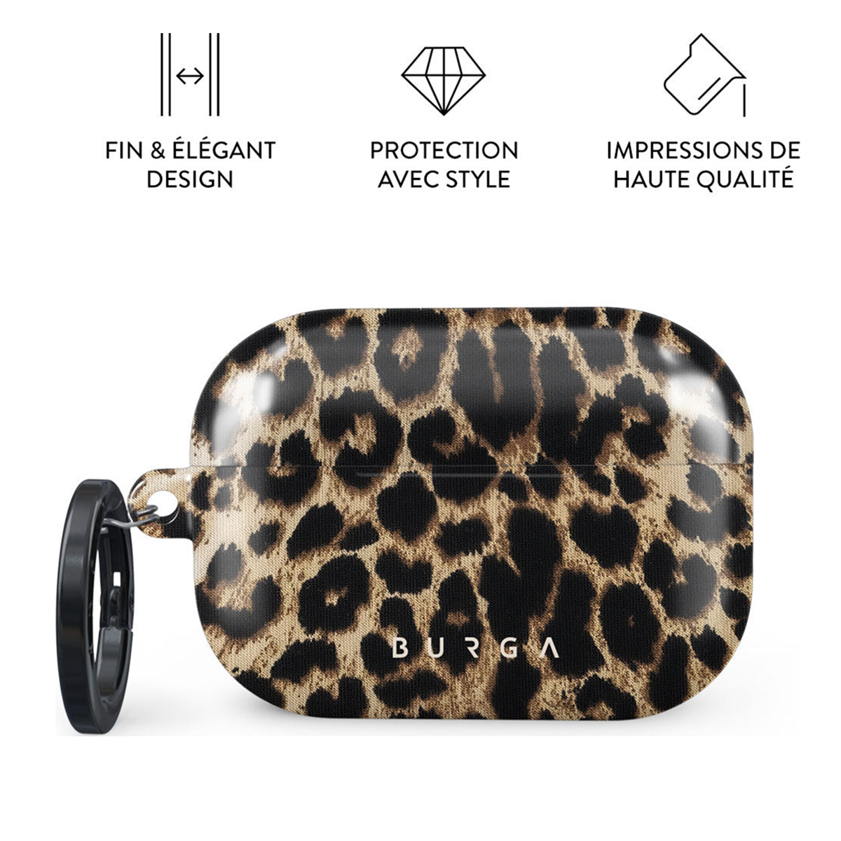 Een AirPods-hoesje met luipaardprint en een zwarte karabijnhaak. Tekst: FIN & ÉLÉGANT DESIGN, PROTECTION AVEC STYLE.