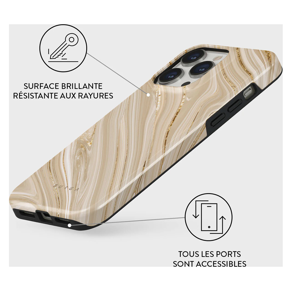Custodia per telefono con design a marmo, con una chiave e un'icona di porte accessibili.