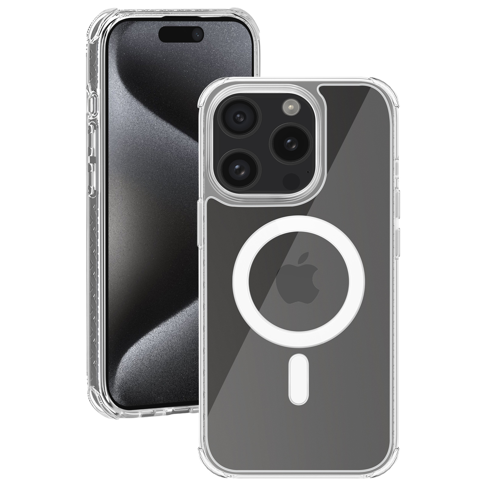 Transparante telefoonhoes en telefoon. Telefoon toont tijd en datum. De hoes heeft een witte cirkel op de achterkant.