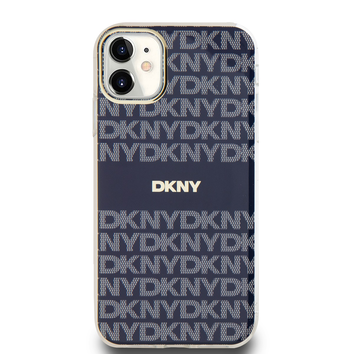 Custodia DKNY, sfondo blu navy, logo DKNY bianco.