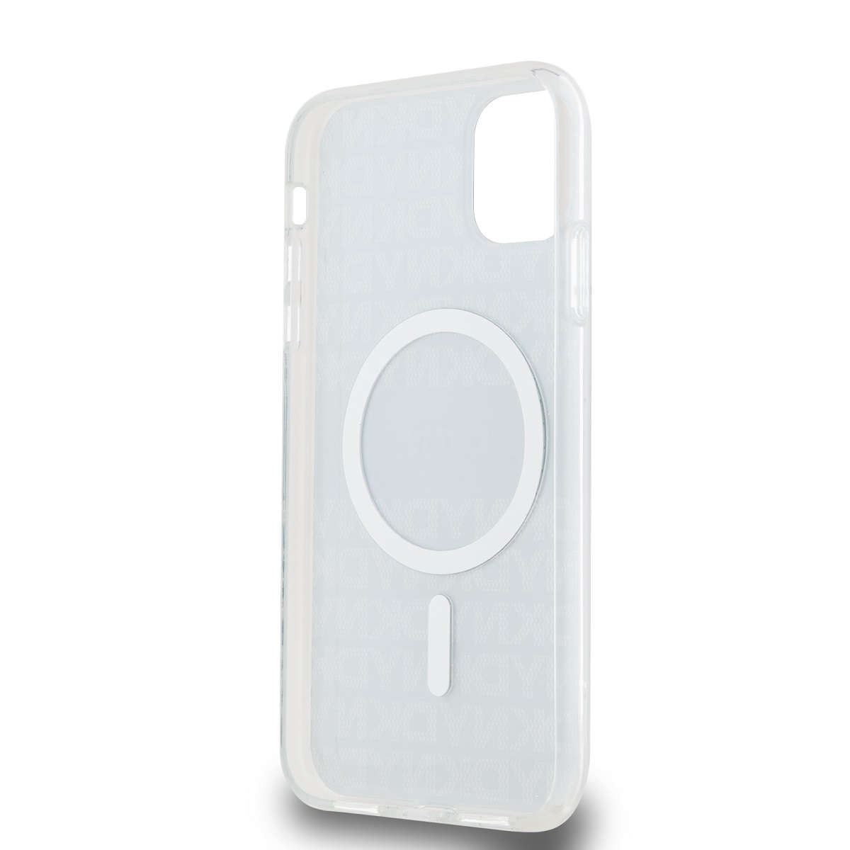 Custodia trasparente con cerchio bianco e linea. Custodia trasparente bianca, senza telefono.