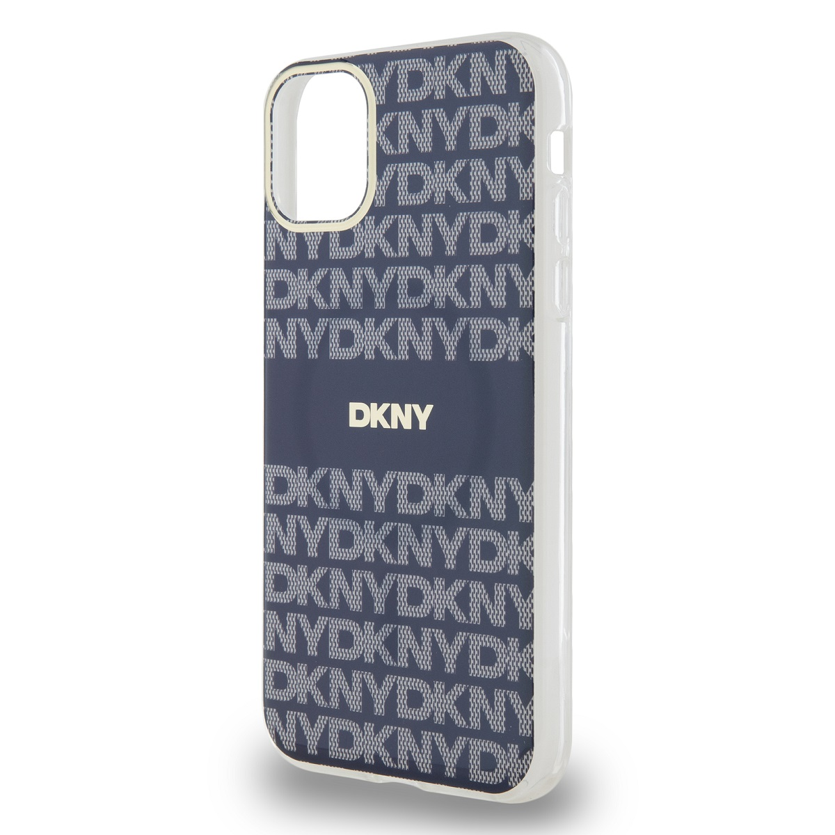 Custodia per telefono DKNY blu navy e bianca. La custodia ha un motivo con logo DKNY ripetuto e una cornice dorata.