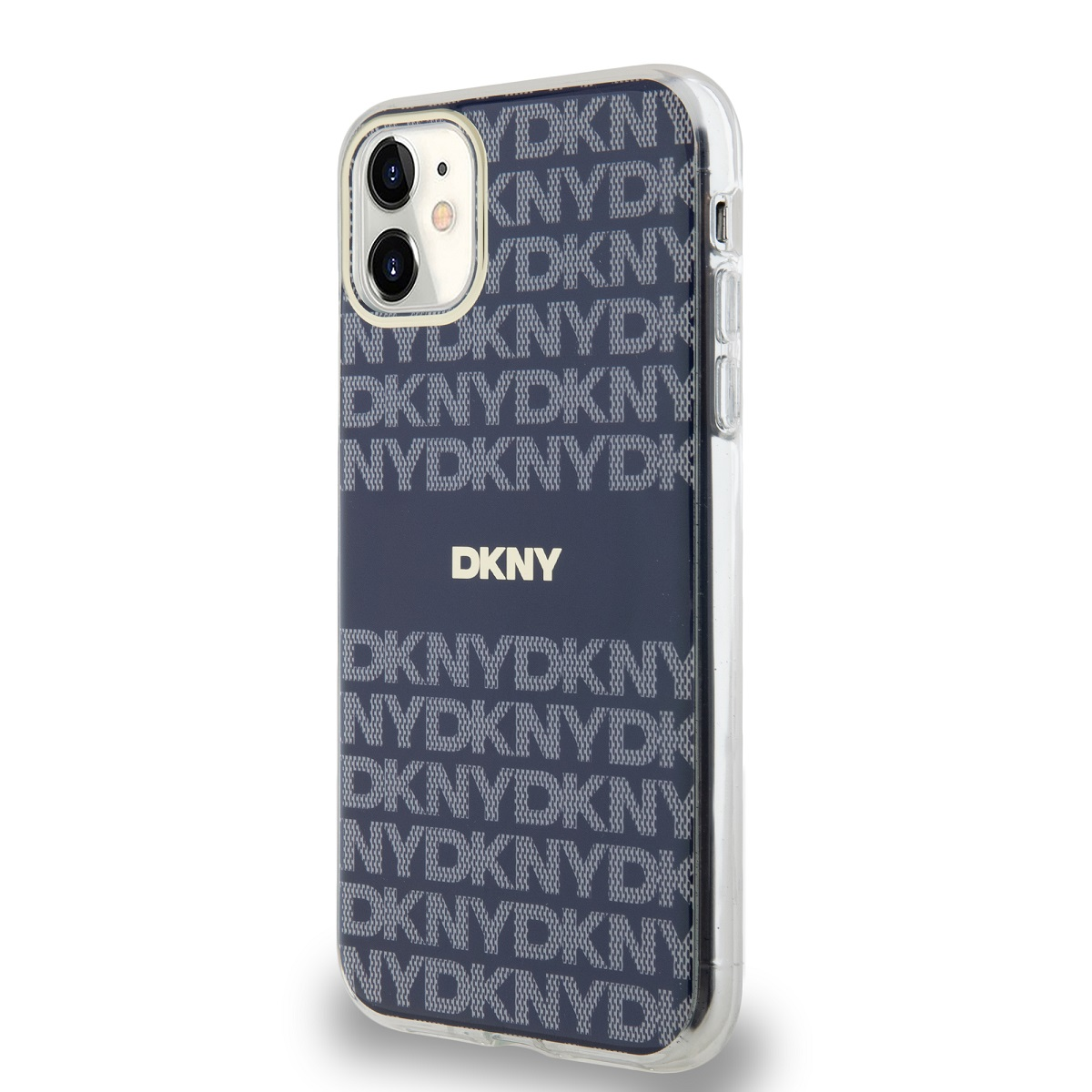 Una custodia per telefono con sfondo blu navy e 'DKNY' stampato ripetutamente.