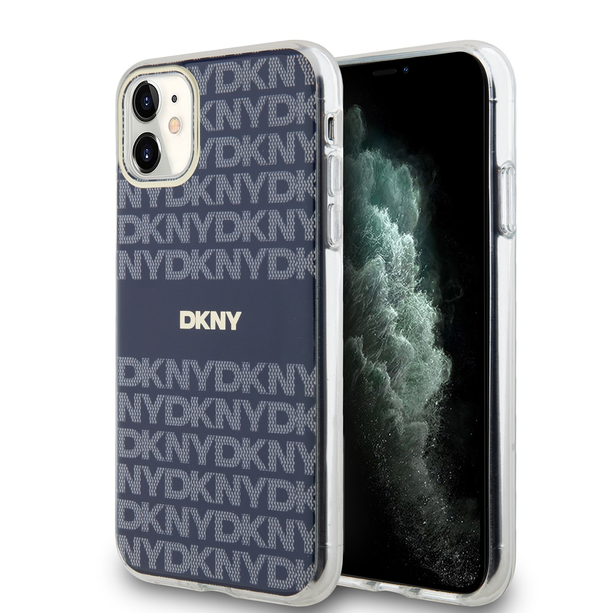 Telefono in una custodia trasparente con un design DKNY blu navy. Il telefono mostra uno schermo nero.