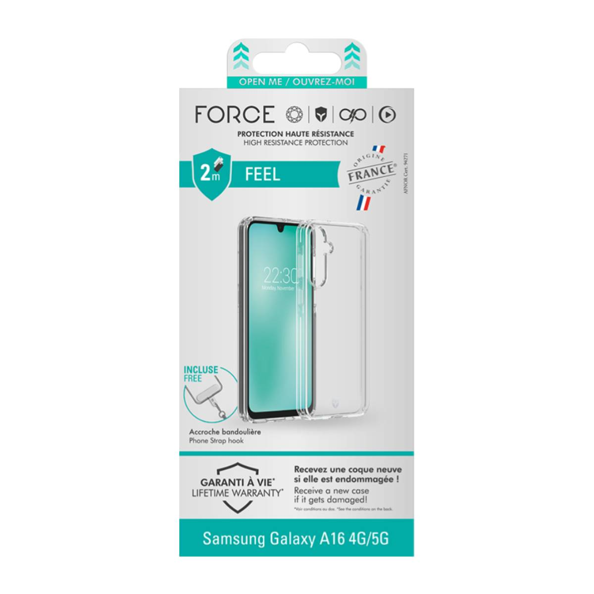 Scatola della custodia del telefono con un telefono. Il testo dice Force Case, Feel, Samsung Galaxy A16 4G/5G.
