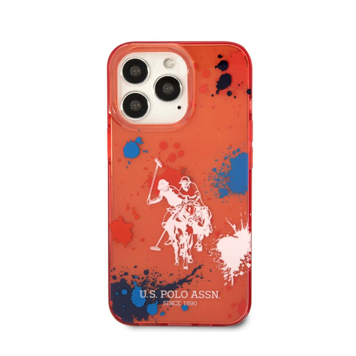Custodia rossa con giocatori di polo bianchi e spruzzi di vernice blu e bianca. Il marchio è US Polo Assn.