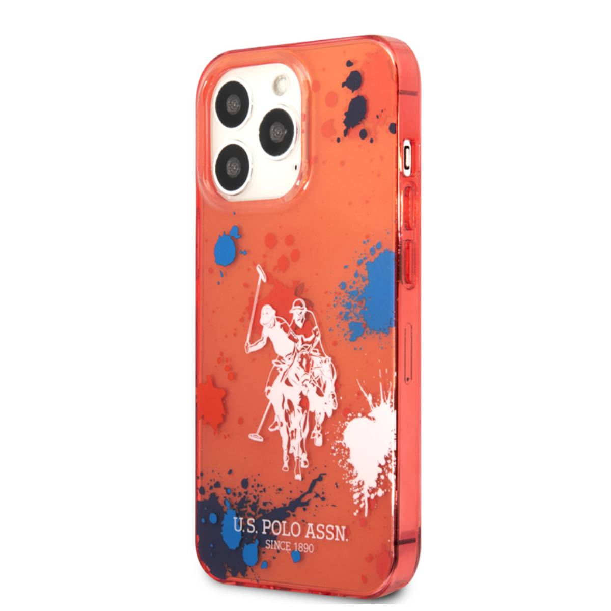 Custodia arancione con un design polo. Ci sono schizzi di vernice.