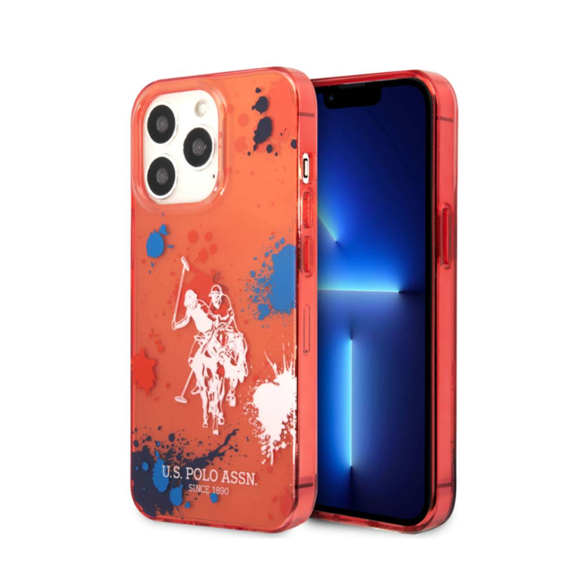 Una custodia per telefono rossa con design polo, cavallo e cavaliere bianchi e schizzo blu.