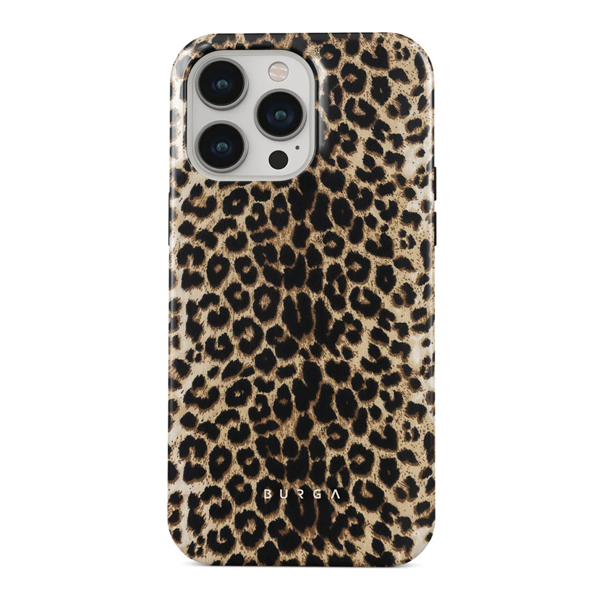 Een telefoonhoesje met luipaardprint met de cameramodule van de telefoon aan de bovenkant zichtbaar.