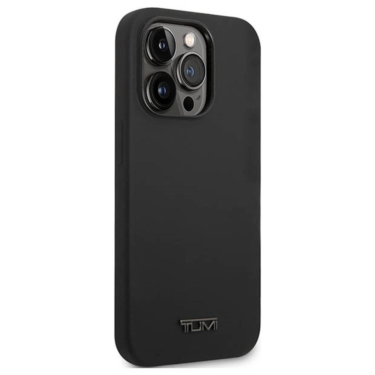 Custodia nera per telefono con la scritta TUMI in basso. La custodia copre la parte posteriore di un telefono con tre fotocamere.
