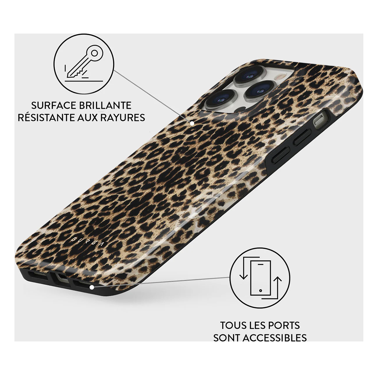 Telefoonhoesje met luipaardprint. Er is een diagram van een sleutel en een telefoon.