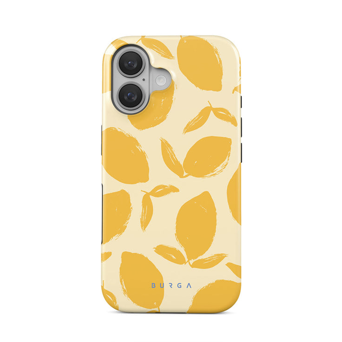 Coque de téléphone avec des citrons et des feuilles jaunes sur fond crème.