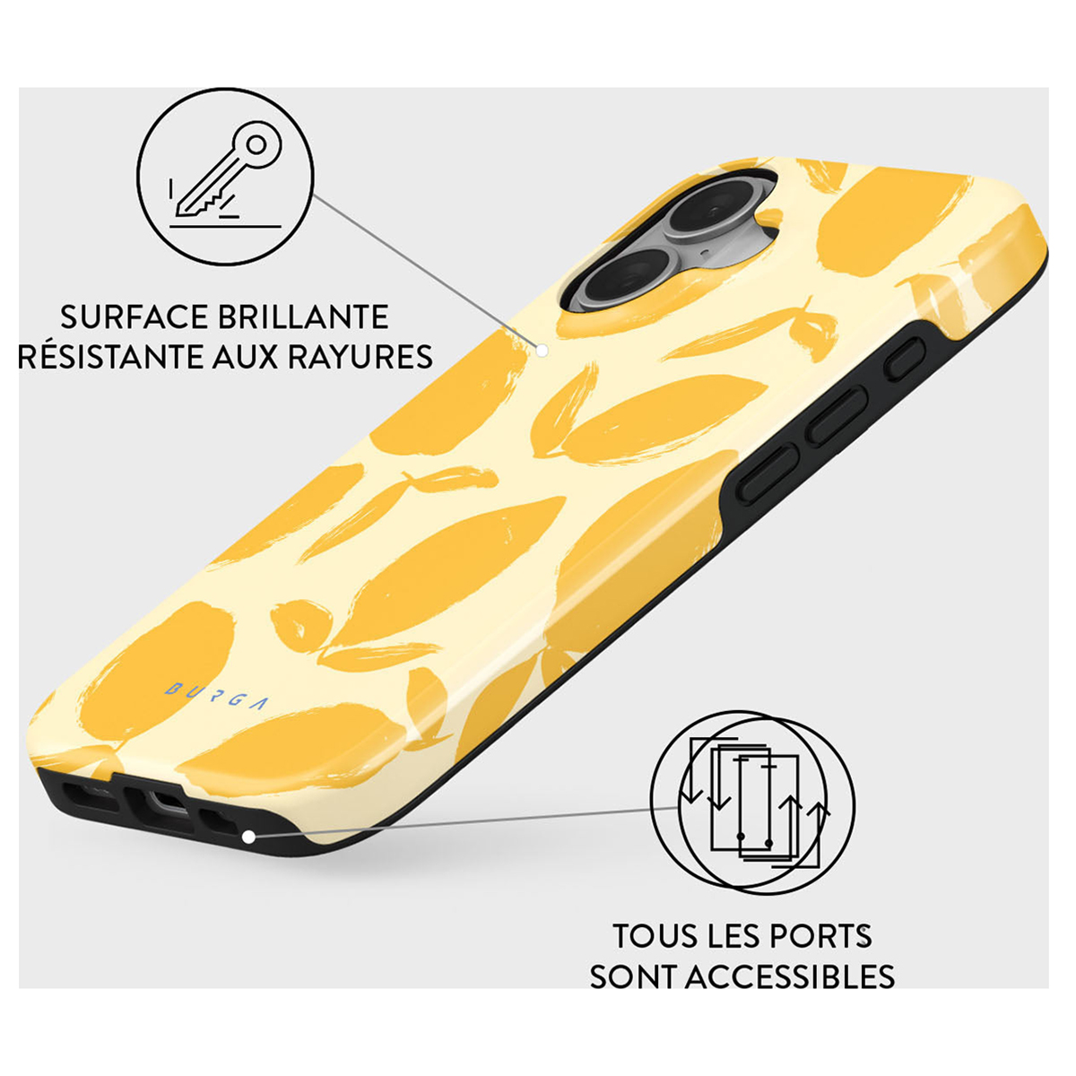 Coque florale jaune avec texte 'BURGA' et un diagramme.